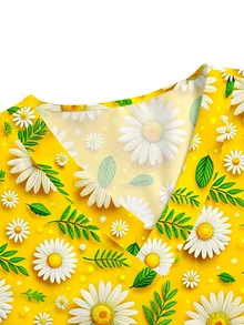 PopScrub Yellow Plus Size V-Neck Short Sleeve Double Pocket Cute Daisy Floral Print Design Nurse, Lab, Doctor Work Uniform, Multi-Pocket Functional Holiday Outfit, Plus Size Daisy Women's Top, Cute - Yellow - View 3
