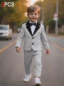 SHEIN Kids 2pcs Young Boy Casual Color-Blocked Collar Suit Jacket + Trousers Two Pieces Set, Gentleman's Suit, - Grey - View 5
