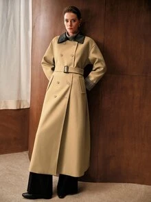 MOTF PREMIUM WOMEN'S COLORBLOCK SHIRT COLLAR PLAID PATCHWORK CUFF BUTTON DECOR DOUBLE POCKET CINCHED CINCHED WAIST OVERCOAT - Camel - View 1