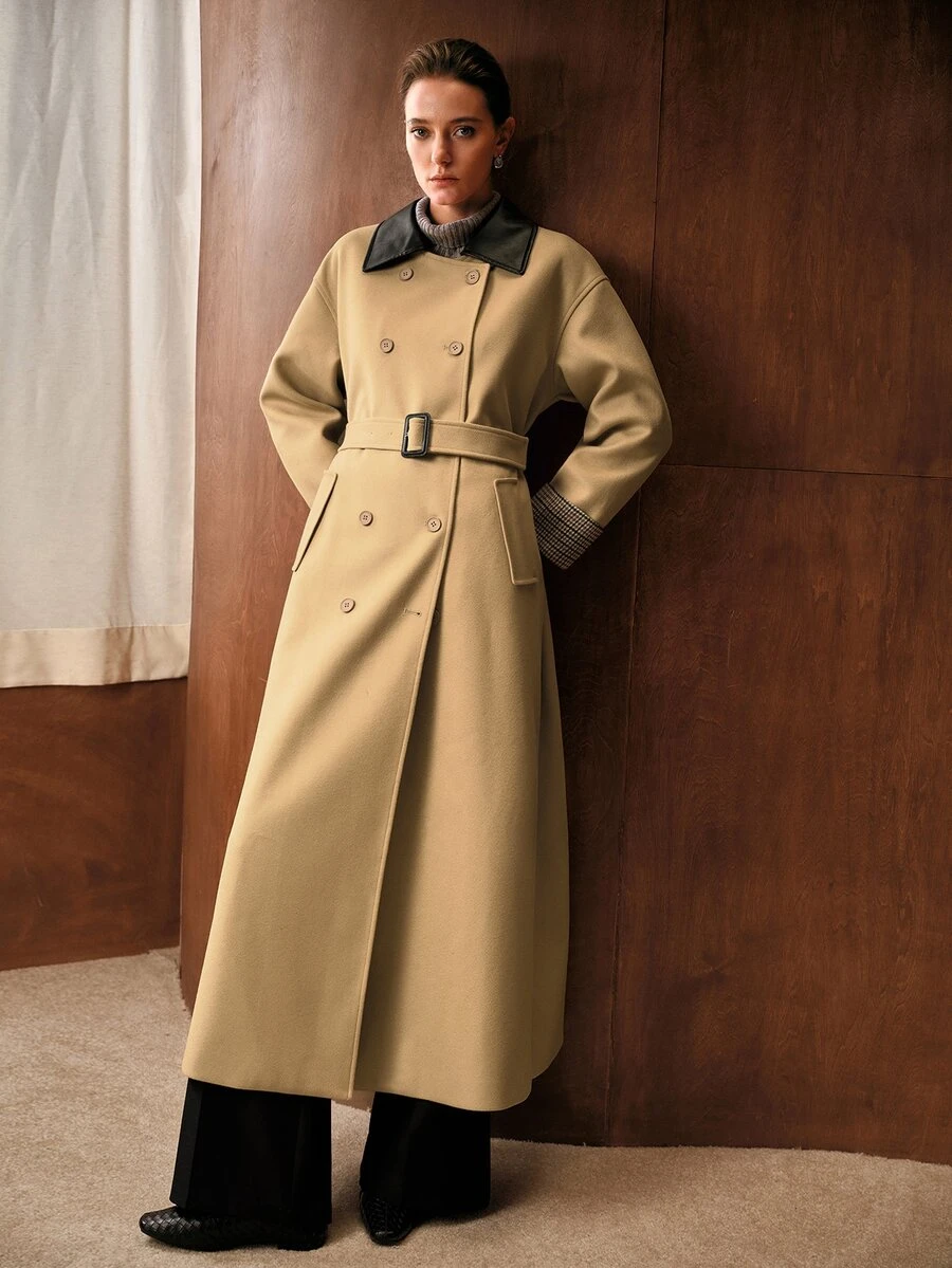 MOTF PREMIUM WOMEN'S COLORBLOCK SHIRT COLLAR PLAID PATCHWORK CUFF BUTTON DECOR DOUBLE POCKET CINCHED CINCHED WAIST OVERCOAT - Camel - View 1