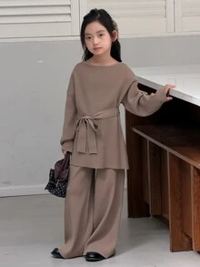DAZY Tween Girl Crew Neck Long Sleeve Sweater And Knit Pants Set - Khaki - View 3