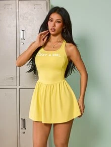 SHEIN Sovereign Charm Women's Slogan Print Back Cross Sleeveless Sports Dress With Shorts - Yellow - View 3