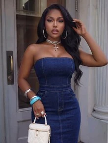 Slaydiva Women's Strapless High Waist Fitted Denim Dress With Tassels - Dark Wash - View 5