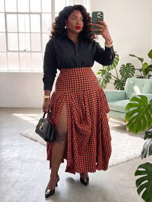 Slaydiva Plus Size Plaid High Slit Asymmetrical Pleated Midi Skirt - Orange - View 9