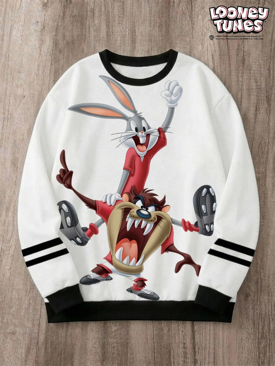 LOONEY TUNES X SHEIN Daypath Men's Plus Size Cartoon Print Colorblock Pullover Sweatshirt - White - View 1