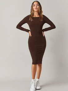 SHEIN BASICS 純色貼身中長洋裝，商務休閒女款／優雅夏季女裝套裝 - 咖啡 - 查看 5