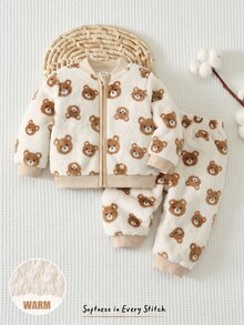 Baby Boys Shirt Co-Ords 2pcs/Set Fleece Teddy Bear Print Plush Jacket Knit Sweatshirt & Sweatpants Long Pants Color Block Set, Autumn/Winter Season - Multicolor - View 8