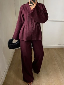 DAZY Solid Color Loose Pullover Long Sleeve Shirt & Straight Leg Pants Casual Vacation Daily Spring Autumn Maternity 2pcs Set - Burgundy - View 5