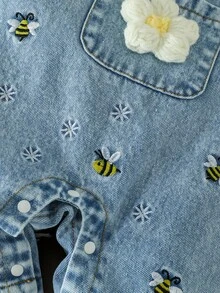 SHEIN 2pcs Baby Girls Denim Overalls Cute Yellow Blue Bee Flower Embroidery Ruffle Flutter Sleeve Birthday Party Fall White Top Birthday Girl Ribbed Knit - Yellow - View 6