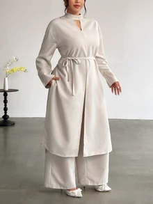 Firerie Apricot Extra Long Sleeve Small Stand Collar Top Straight Leg High Slit Waist Tie & Straight Leg Pants Plus Size Two Pieces Set/Elegant Teacher Workwe - Apricot - View 1