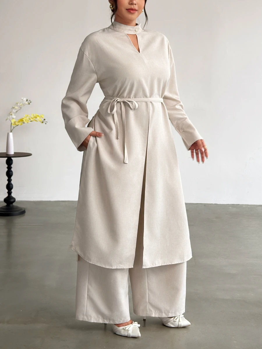 Firerie Apricot Extra Long Sleeve Small Stand Collar Top Straight Leg High Slit Waist Tie & Straight Leg Pants Plus Size Two Pieces Set/Elegant Teacher Workwe - Apricot - View 1