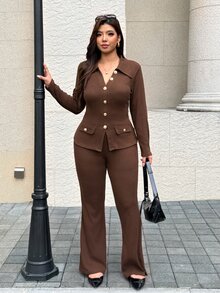 Easura Atasan Rajut Bertekstur Wanita Plus Size untuk Musim Gugur dan Dingin, Elegan untuk Ngantor, Kerah V, Kancing Depan, Pinggang Ramping, Dipadukan dengan Celana Flare - Coklat - View 5