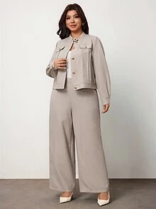 Enliva Plus Size Women's Two Pieces Pants Set Cropped Jacket High Waist Trousers Elegant Matching Outfit Flattering Compatible With Apple Shape - Khaki - View 7