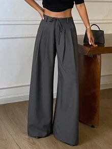 DAZY Grey High Waist Tie Pleated Loose Wide Leg Casual Versatile Commute Long Pants For Women Daily Wear - Grey - View 7