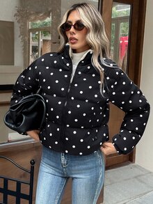 Serisse Women's Polka Dot Pattern Long Sleeve Zipper Front Casual Winter Jacket - Black - View 5
