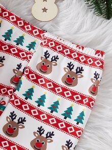 SHEIN 女童秋冬聖誕緊身長袖印花全圖案睡衣套裝 - 紅色 - 查看 6