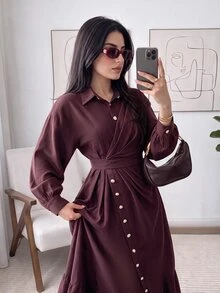 Veilorie Gaun Lengan Panjang Berlipit dengan Desain Kancing untuk Wanita yang Suka Bepergian - Burgundy - View 5