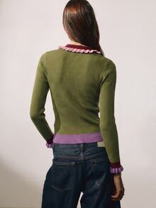 Nöista Women's Contrast Color Lapel Long Sleeve Slim Fit Versatile Sweater - Green - View 7