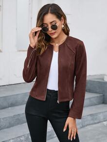 Editum Solid Color Zipper Front Jacket In Fall/Winter - Rust Brown - View 6