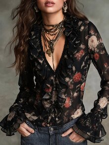 Glimmora Women's Spring Autumn New French Romantic Chiffon Floral Print Ruffle Deep V-Neck Long Sleeve Semi-Sheer Blouse With Full Button Front Placket - Black - View 4