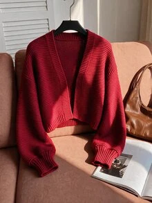 Comfortcana Plus Size Women's Long Sleeve Elegant Autumn/Winter Versatile Short Knit Cardigan - Burgundy - View 7