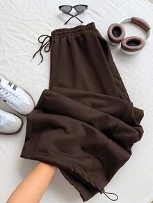 SHEIN EZwear Chocolate Brown Plus Size Spring/Summer Versatile Drawstring Sweatpants - Chocolate Brown - View 8