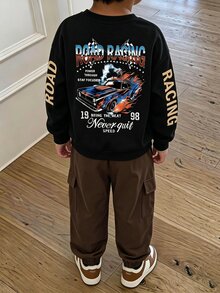 SHEIN Coolqubz 2件組男孩時尚圓領套頭運動衫與棕色工裝梭織長褲套裝，大尺寸背部圖案印花，酷炫街頭風，柔軟舒適面料，易穿脫，適合春秋季、學校、外出，前青春期男孩必備穿搭 - 黑色 - 查看 3