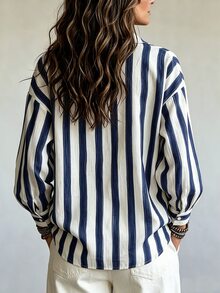 SHEIN 復古咖啡棕條紋翻領寬鬆長袖女款襯衫，垂墜慵懶休閒風，適合度假通勤百搭上衣 - 藏蓝色 - 查看 2