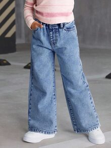 SHEIN 少女牛仔褲新品上市 簡約休閒風 百搭時尚 破洞復古水洗丹寧 直筒舒適版型 四季皆宜 休閒女童牛仔褲 - 中等水洗藍 - 查看 5