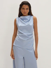 MUSEYN Blue Satin Ruched Drape Front Sleeveless Top Classy Date Night Chic Evening Fall - Baby Blue - View 2