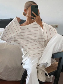 DAZY 女款條紋不對稱肩寬鬆街頭休閒青少年T恤 - 白色 - 查看 3
