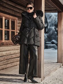 Anewsta Winter Black Hooded Detachable Fur Collar Decorated Belt Long Sleeve Padded Coat - Black - View 4