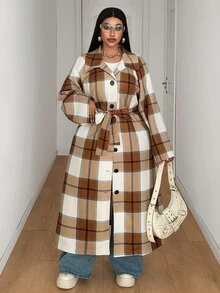 Maweii Jaket Wanita Plus Size Kasual Minimalis Gaya Street Nyaman untuk Komuter Musim Gugur Motif Kotak Kancing Longgar Panjang dengan Tali Pinggang - Khaki - View 4