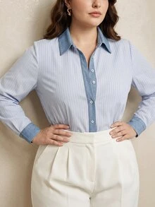 Anewsta Spring Summer Blue & White Striped Denim Patchwork Collared Casual Daily Commute Campus Plus Size Women's Shirt - Blue - View 4