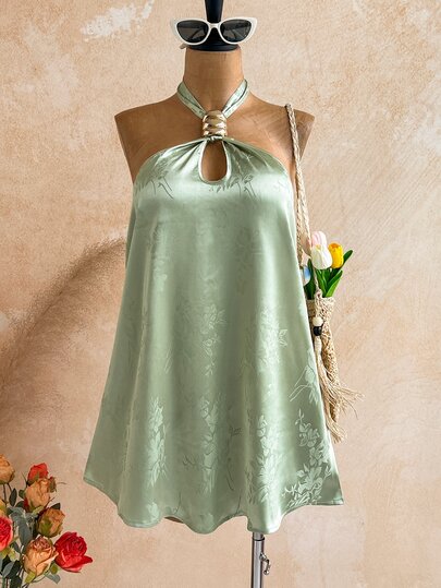 Soleia Women's Jacquard Sexy Metal Decor Halter Tie Strap Dress