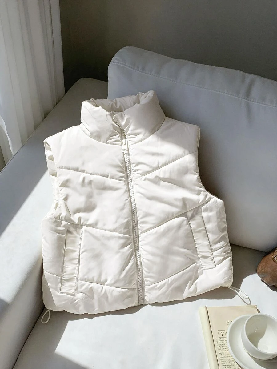 Comfortcana Plus Size Casual Stand Collar Black Padded Vest In Fall/Winter - Beige - View 1