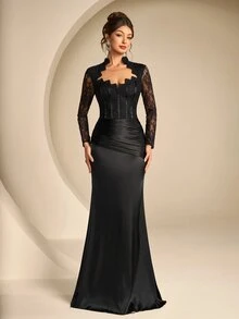 Coutiva Women's Lace Long Formal Evening Gown Dress (Heavy Workmanship Style) - Black - View 1
