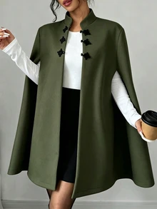 Selianne 女款 A 字披肩式羊毛立領中式盤扣開衩優雅深綠色洋裝 中長洋裝 國慶穿搭 - 綠色 - 查看 7