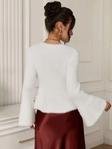 EastFlair Women's Solid Color Round Neck Bell Sleeve Ruffle Hem Fashion Sweater Brunch Dinner White Fall Romantic Elegant Warmth Everyday Tea Party - White - View 6