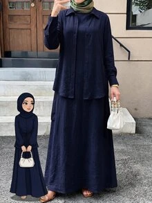Solavon طقم نسائي من قطعتين: ملابس علوية بياقة وأكمام طويلة وأزرار أمامية، وفستان بلون موحد - أزرق بحري - مشاهدة 3
