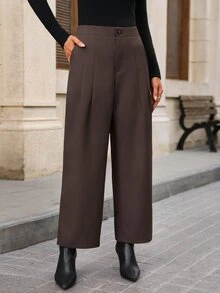 EMERY ROSE Women Solid Color Casual Versatile Daily Wear Long Pants Business Office Work Dark Brown Autumn Women Fall/Winter Pants - Brown - View 6