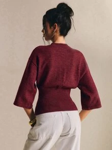 Poéselle 女款復古時尚鈕扣收腰針織開襟衫 - 酒紅色 - 查看 2