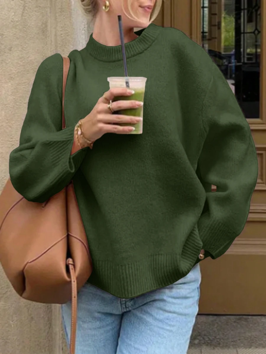 Cévolie 女款時尚羅紋長袖圓領針織衫,適合日常穿著 - 軍綠色 - 查看 1