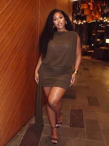 Slaydiva Sexy Street Date Party Women Slim Fit High Elastic Pleated Detail Chiffon Outer Layer Cover Up Ribbon Plus Size Mini Dress - Brown - Brown - View 6