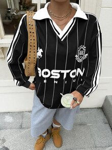 Muchica 大尺碼女款對比色字母印花長袖 Polo 領休閒 T 恤 秋季 - 黑與白 - 查看 3