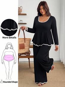 Enliva Set 2 Potong Wanita Plus Size Renda Hitam Blok Warna, Cocok untuk Pergi Kerja, Bentuk Tubuh Apel dan Bulat - Hitam dan Putih - View 1