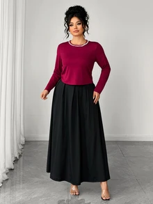 Elenzga Plus Size Women Elegant Casual Pearl Decor Long Sleeve Black & Red Maxi Dress Set - Multicolor - View 5