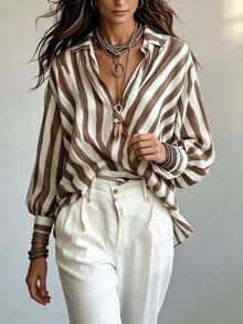 Glimmora Women's Versatile Striped Button Half-Placket Long Sleeve Shirt - Multicolor - View 4
