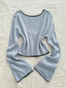 Jeanoix Vintage Contrast Color Trim Hollow Placket Bell Sleeve Knit Top Slim Fit Short Length Low Round Neck Women Sweater - Blue - View 2