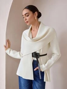 Modelyn كارديجان نسائي أنيق بتصميم ياقة وشاح غير متماثل، خريف/شتاء - أبيض - مشاهدة 6